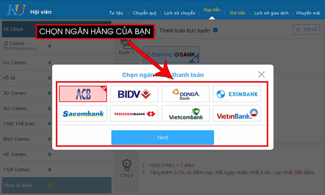 nạp tiền kubet, nạp tiền bằng e banking