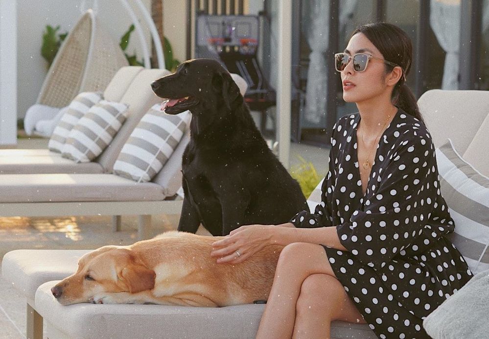 Tăng Thanh Hà lặng lẽ dắt hai chú chó tại nhà, cô diện trang phục chấm bi vừa cổ điển vừa sang trọng