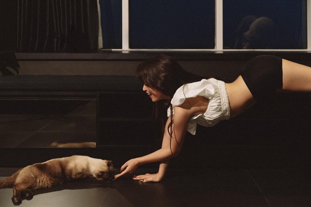 hoang thuy linh lo vong mot - Cô ca sĩ chụp ảnh tạ dáng cùng một chú mèo đáng yêu