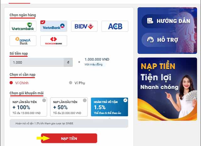 Hướng dẫn nạp tiền nhanh tại nhà chiếc Sin88