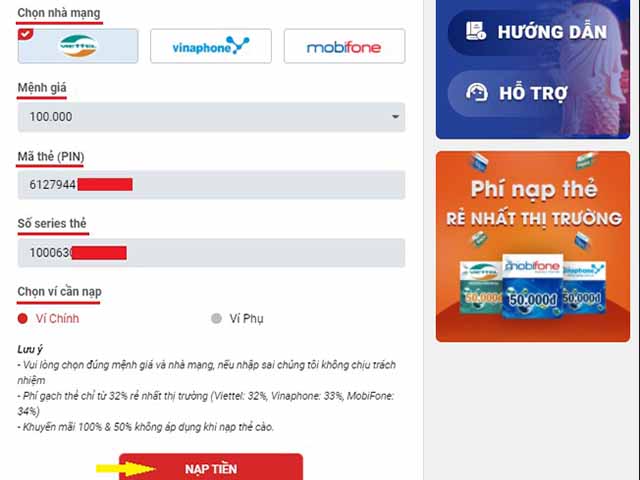 nạp tiền thẻ cào nhà Sin88