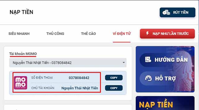 Hướng dẫn nạp tiền MoMo tại nhà mẫu Sin88