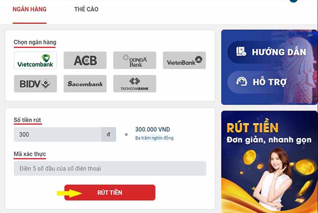 Hướng dẫn rút tiền qua ngân hàng tại nhà cái Sin88