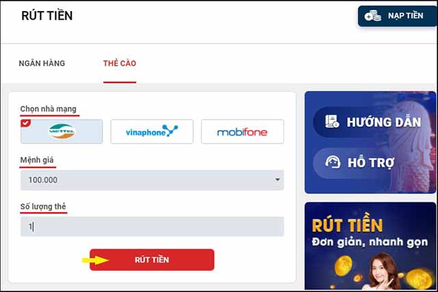 Hướng dẫn rút tiền qua thẻ cào nhà chiếc Sin88