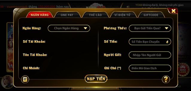 Người chơi cần điền đầy đủ các thông tin mà hệ thống yêu cầu Cách tải tiền tại yo88