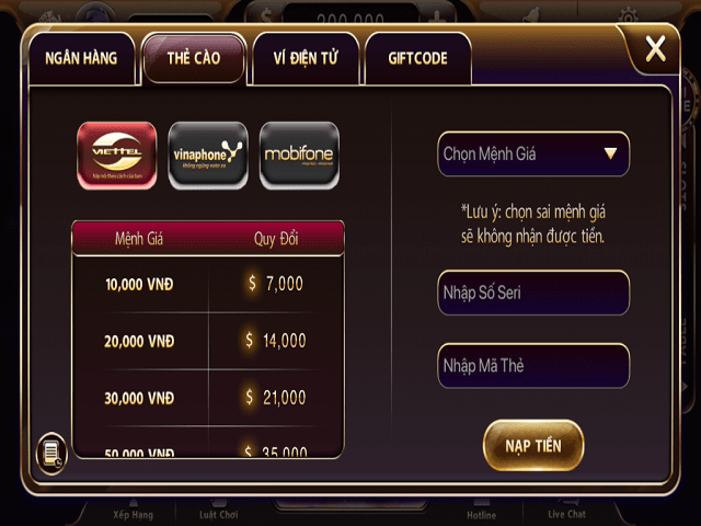 Nạp tiền chơi game qua thẻ cào đơn giản tại sunwin.club