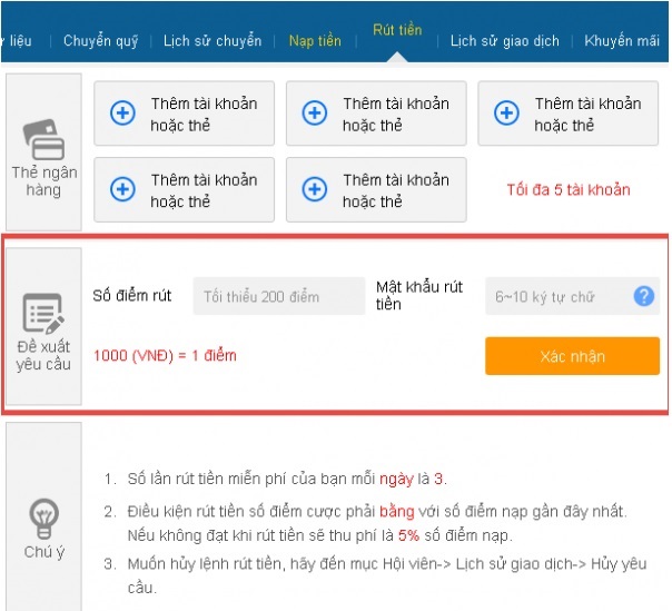 Nhập vào số điểm muốn rút tiền