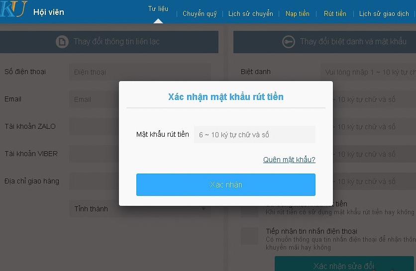 Xác nhận mật khẩu rút tiền kubet
