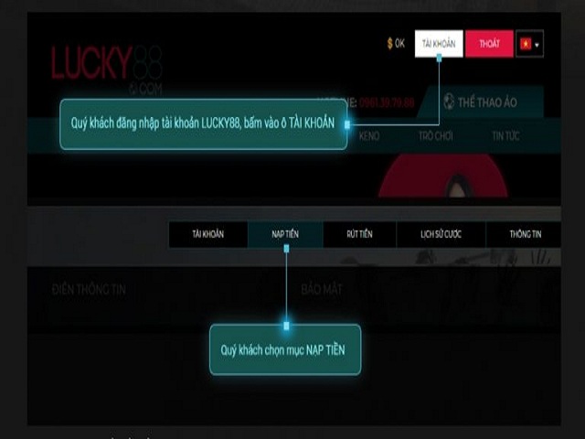 Click chọn NẠP TIỀN để tiến hành đặt cược