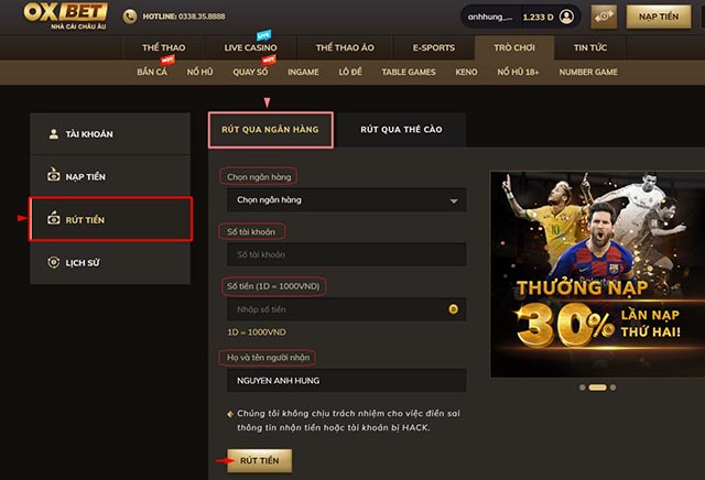 rút tiền ox bet qua ngân hàng
