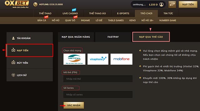 nạp tiền oxbet.com qua thẻ cào