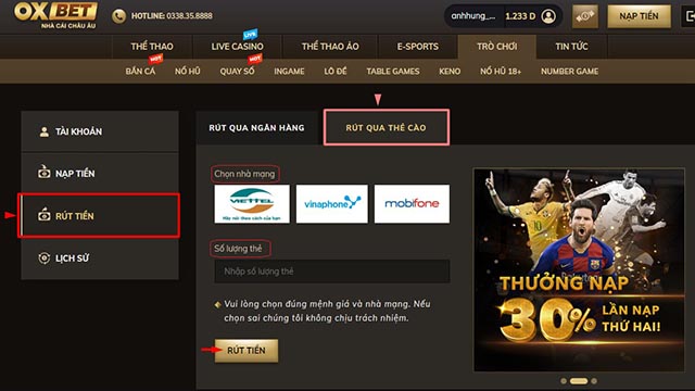 rút tiền oxbet qua thẻ cào