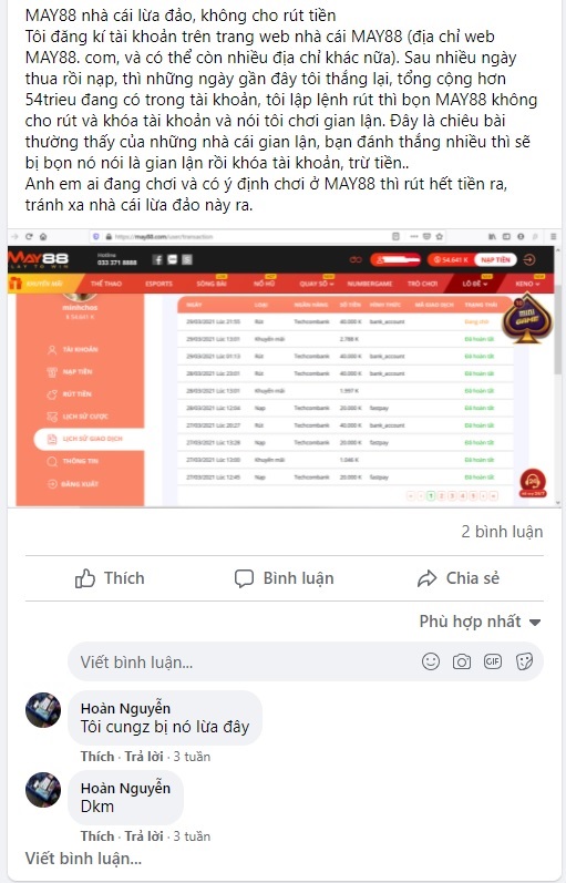 bằng chứng may88 lừa đảo
