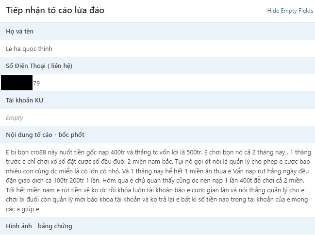 bằng chứng CRO88 Lừa đảo