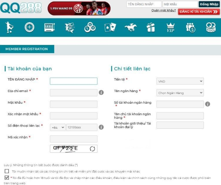Đăng ký đặt cược QQ288