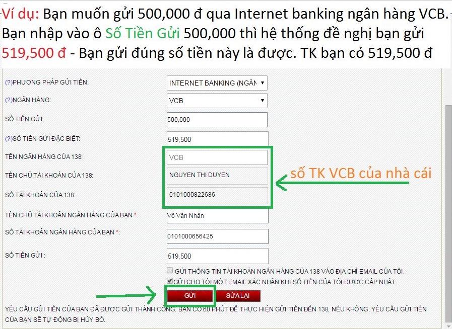 nhận tiền gửi số tài khoản ngân hàng 138BET