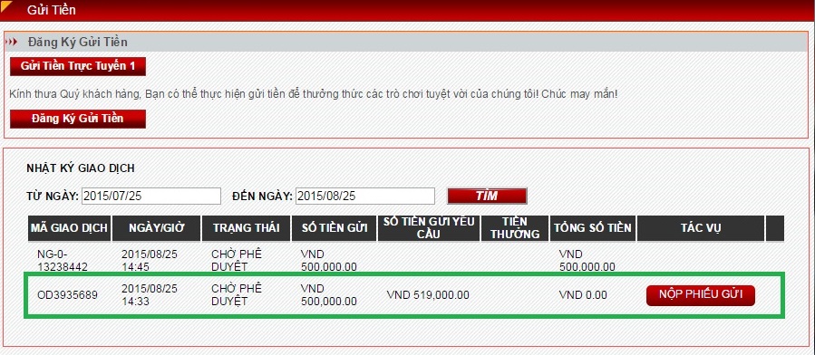 Gửi tiền vào tài khoản nhà cái 138bet của bạn