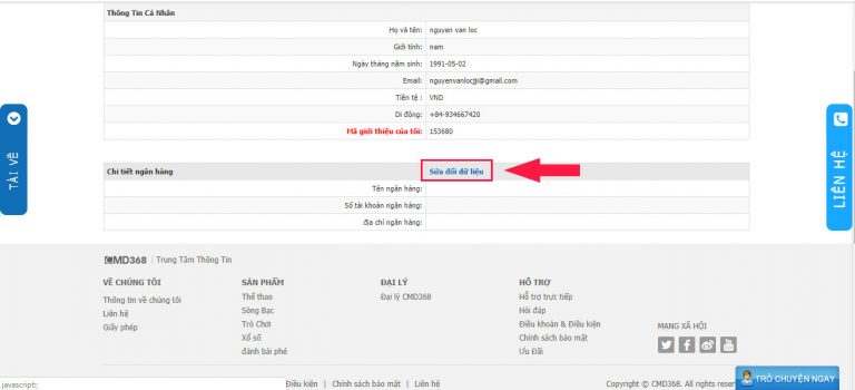 thêm thông tin ngân hàng gửi tiền vào tài khoản cmd368