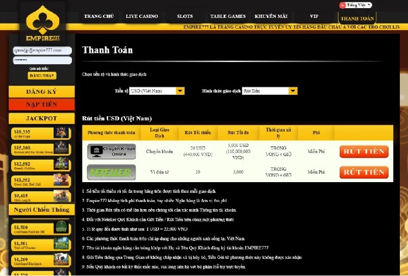 Rút tiền Empire777 qua Ecopay