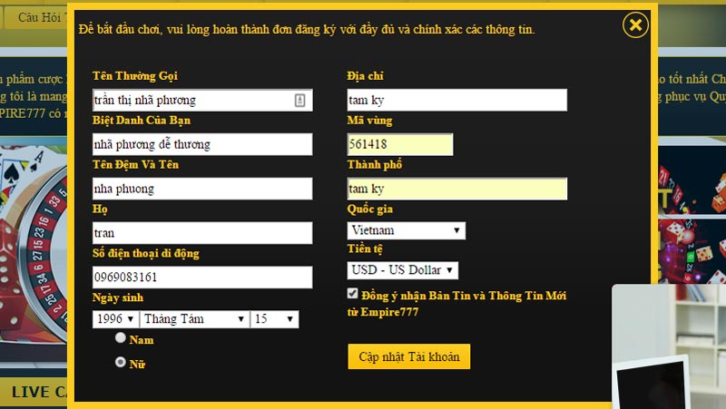 cung cấp thông tin đăng ký cho Empire777 