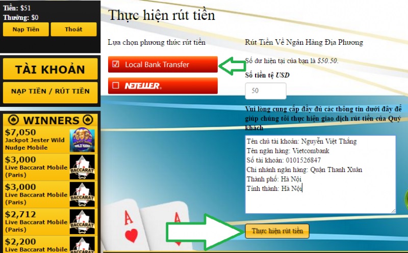 cung cấp thông tin về việc rút tiền của Empire77