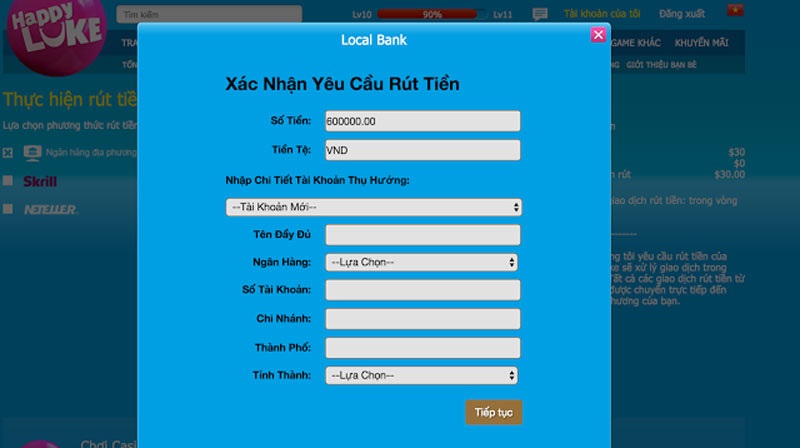 Chi tiết rút tiền của Happyluke