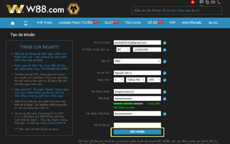 tạo tài khoản cá cược w88