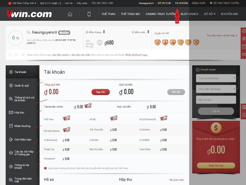 đăng nhập vào tài khoản vwin