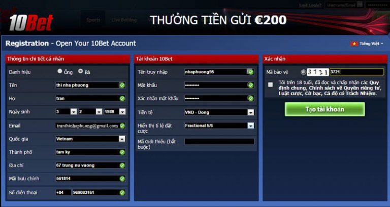 Hoạt động đăng ký 10bet