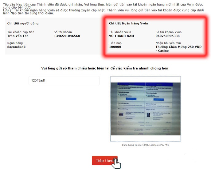 cách nạp tiền vwin qua ngân hàng địa phương