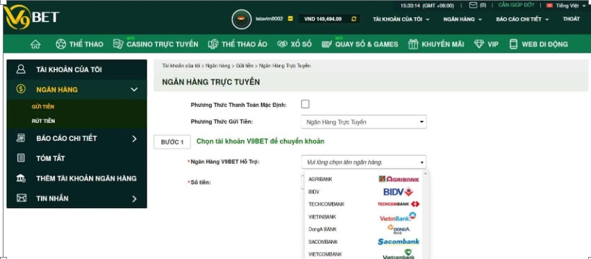 hướng dẫn gửi tiền v9bet chi tiết