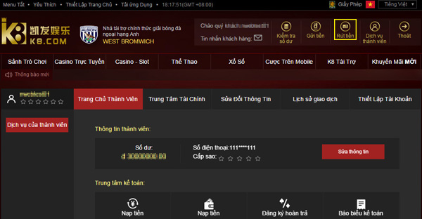 Hướng dẫn rút tiền K8