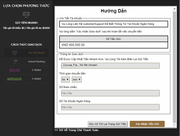 cung cấp thông tin gửi tiền vào sòng bạc theo thời gian thực