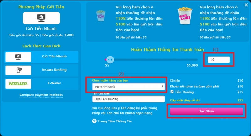 xác nhận chuyển tiền trên happyluke