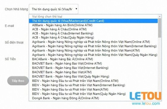 nạp tiền vào tài khoản Letou của bạn thông qua máy ATM nội bộ