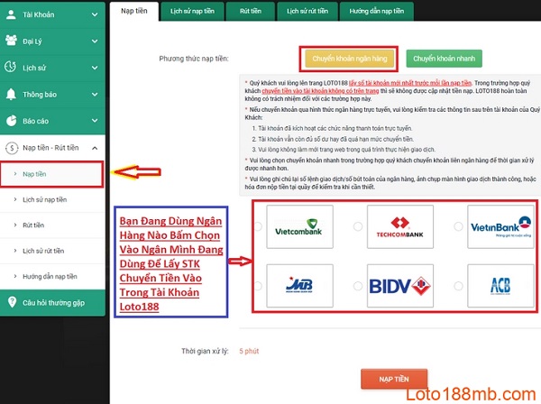 Cách gửi tiền tại nhà cái Lotto188