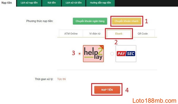 Gửi tiền qua Chuyển khoản nhanh Loto188