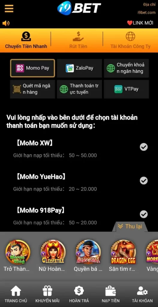 Chọn nạp tiền I9bet81
